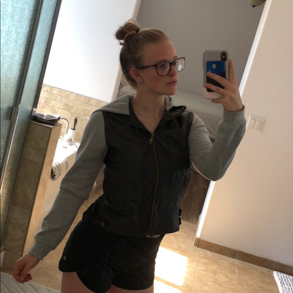 Leather/sweatshirt combo zip up cropped jacket